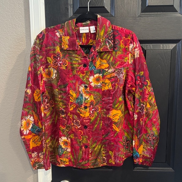 Chico's Women's Floral Button Down Shirt - Red and Orange - Picture 1 of 3